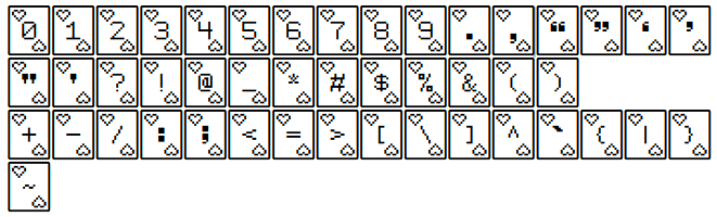 preview of the numbers, punctuation, and symbols of my 'queen of hearts - light' font